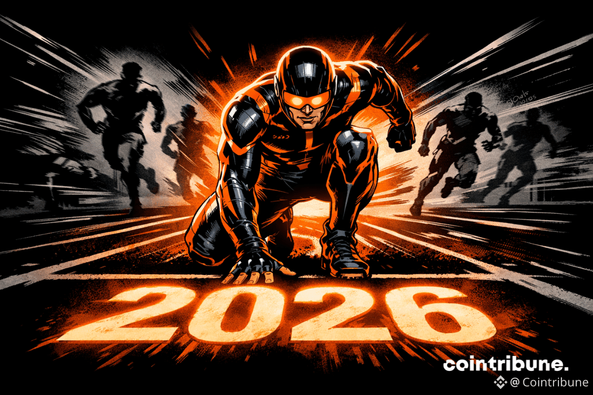 Un athlète futuriste, tout droit sorti d'une bande dessinée des années 1970, est accroupi sur une ligne de départ marquée 2026, auréolé d'une lueur orange, tandis que des concurrents fantomatiques le suivent dans un flou de mouvement.