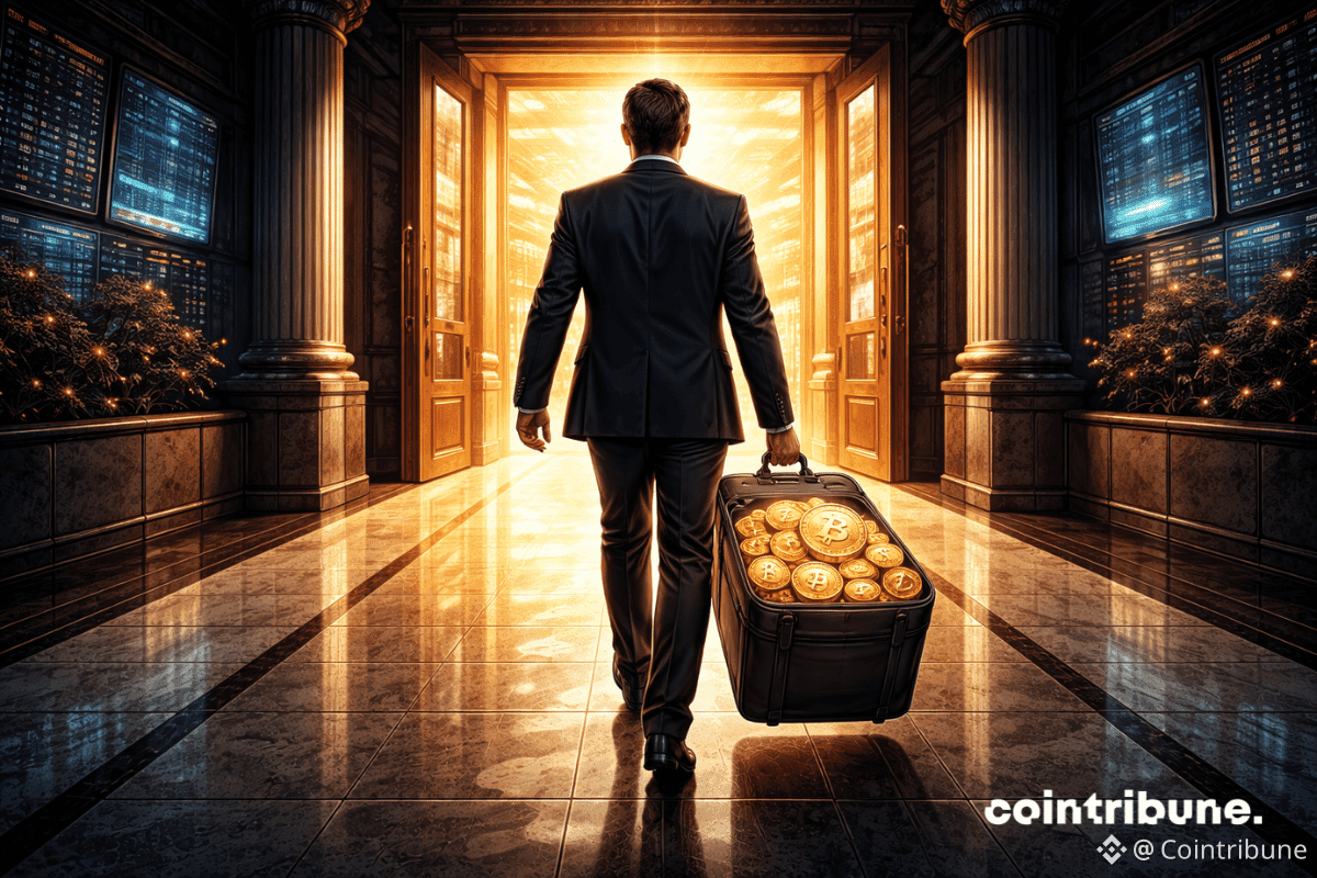 Une silhouette associée à Ripple tourne le dos, s’éloignant avec une valise pleine de pièces XRP au fond d’un couloir financier, des portes ouvertes sur la Bourse.