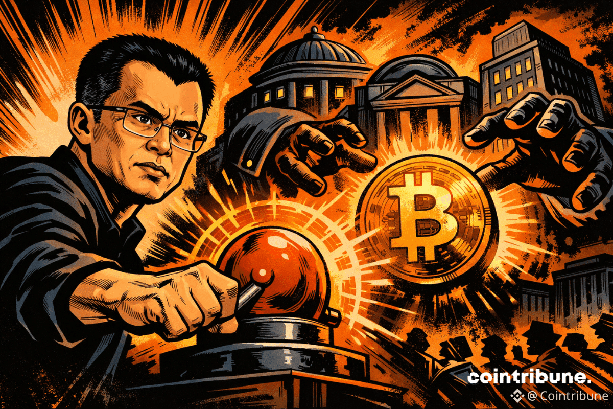 CZ déclenche une alarme tandis que des banques géantes convoitent Bitcoin, symbolisant tension, vigilance et affrontement entre finance et crypto.