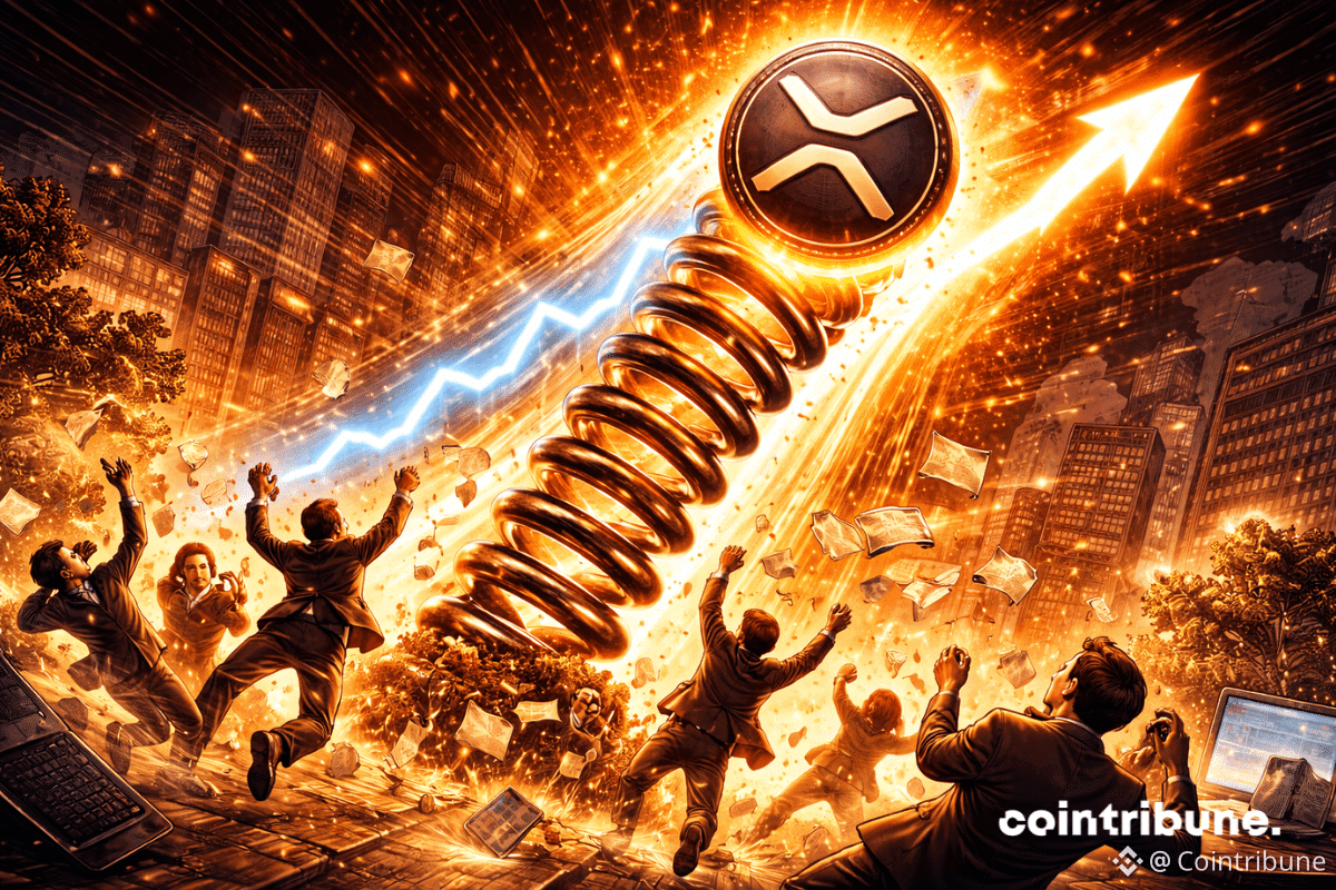 Un énorme ressort comprimé sous le logo du XRP se libère brutalement, projetant la crypto vers le haut. En dessous, des traders sont aspirées vers le haut.