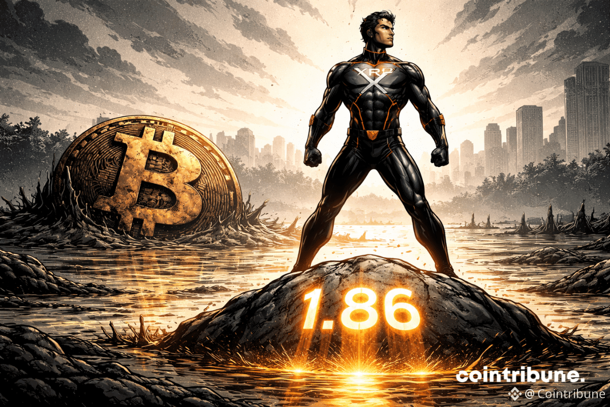 A comic-style hero symbolizing XRP stands firmly on a glowing rock marked 1.86, while a giant Bitcoin sinks motionless into a dark swamp beneath a shadowy city skyline.