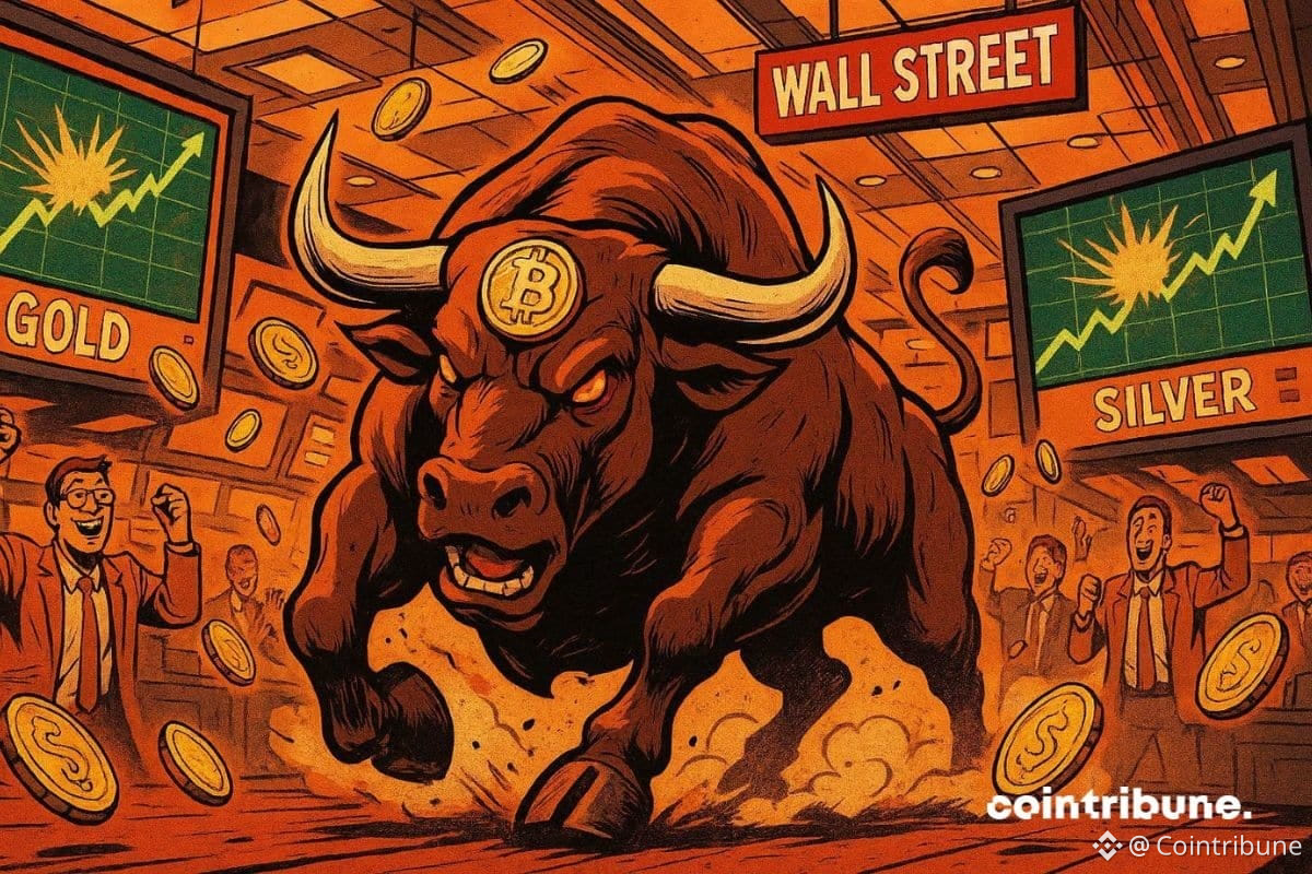 Un taureau qui court à vive allure dans Wall Street, avec une explosion de l’or et de l’argent. Il a une pièce de bitcoin sur lui, annonçant un bull run crypto.