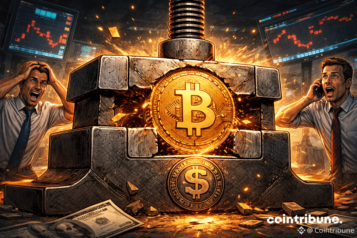 Un étau en acier écrase une pièce Bitcoin dorée.