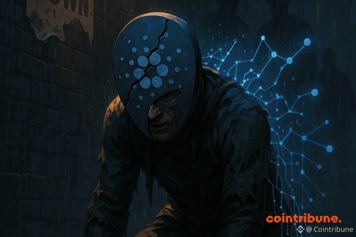 Un personnage agenouillé portant un masque fissuré avec le logo de Cardano, d’où émergent des lignes de données lumineuses, suggérant une force cachée malgré une apparente vulnérabilité.