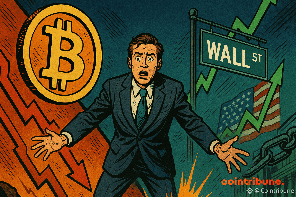 Illustration de style bande dessinée représentant un homme d'affaires pris entre la chute du Bitcoin et la hausse du marché boursier, une chaîne brisée symbolisant le découplage financier de 2025. Les couleurs à fort contraste et le style bande dessinée vintage soulignent la divergence dramatique.