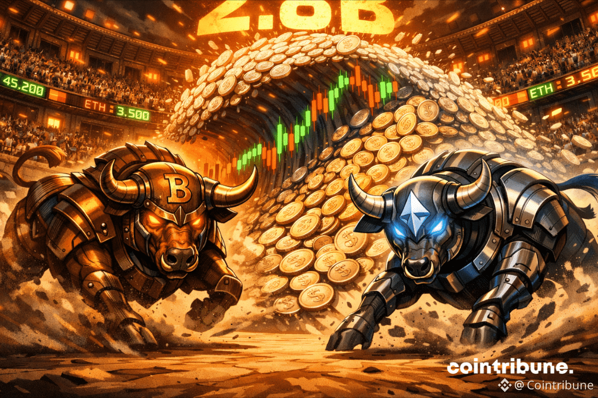 Bitcoin and Ethereum bulls charge in an arena against a wave of crypto coins and charts.