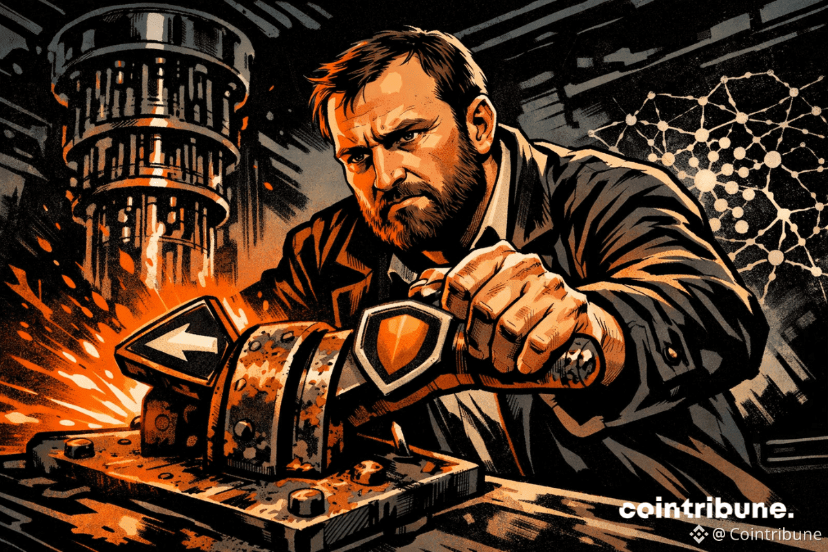 Hoskinson actionne un levier rouillé, éclairé d’orange, symbolisant choix post-quantique, tension technologique et ralentissement inévitable de la crypto Cardano face avenir incertain.