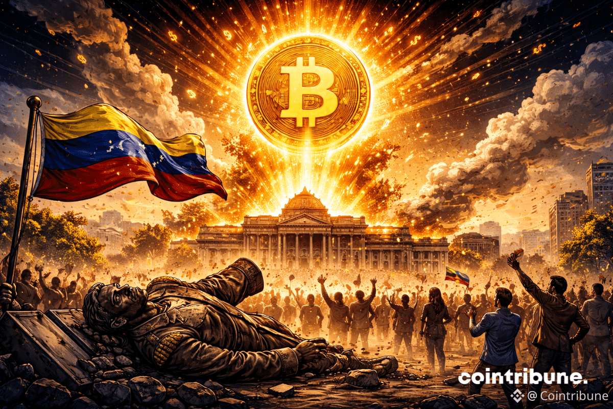 Une statue politique brisée (symbole de Maduro) au sol, pendant qu’une gigantesque pièce de Bitcoin surgit dans le ciel.