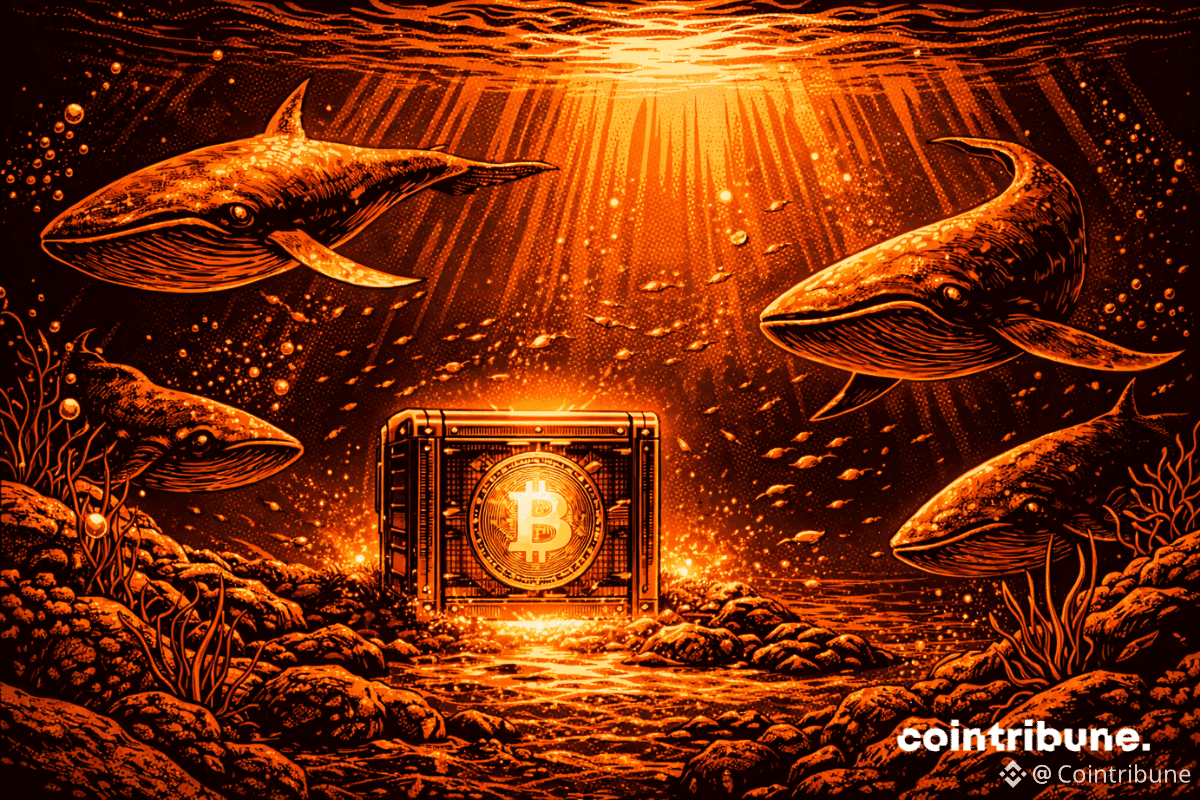 Plusieurs baleines tournent en rond sans s’approcher du coffre-fort Bitcoin au fond de l’eau.