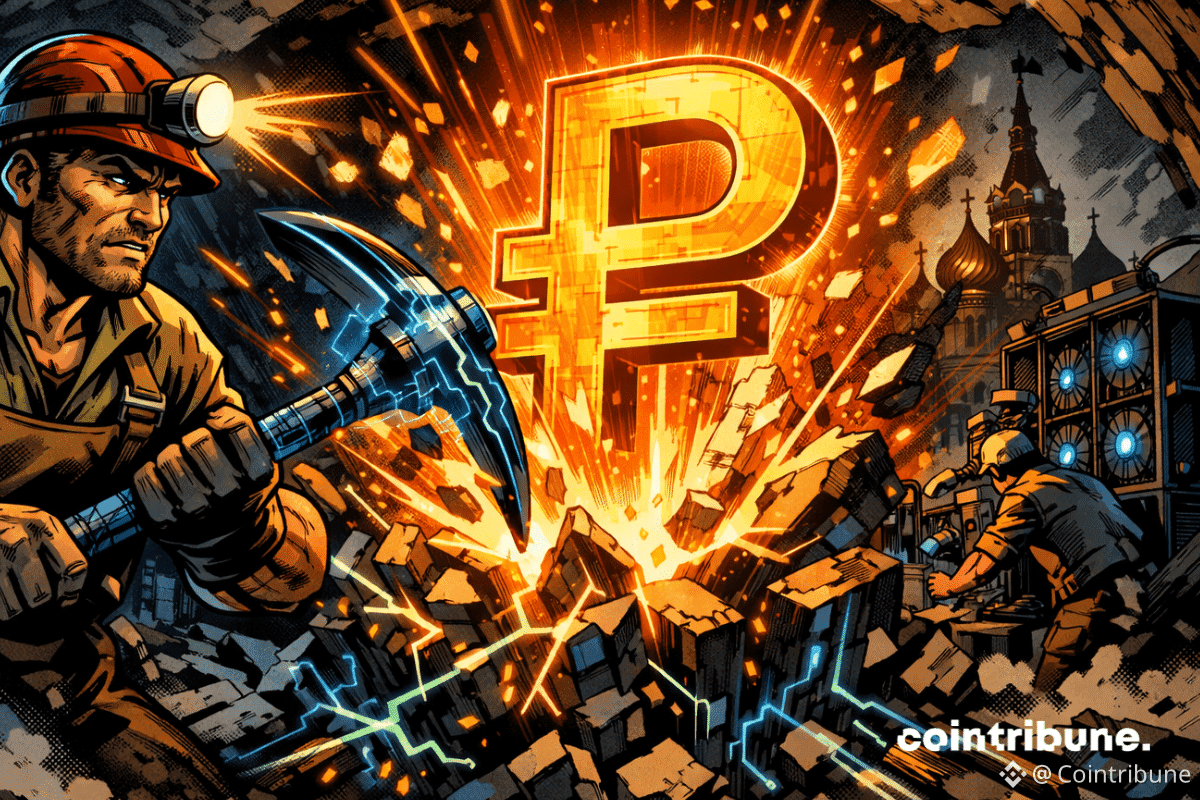 Scène de minage intense de cryptomonnaies avec le symbole du rouble lumineux et des étincelles numériques sous terre.