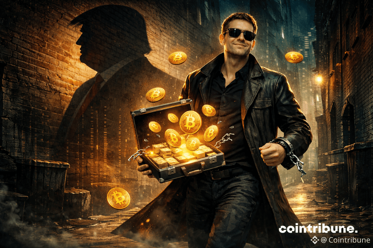 Un hacker en manteau noir tenant une mallette remplie de bitcoins et de billets, avec des menottes brisées aux poignets, marche dans une ruelle sombre. Une ombre géante de Donald Trump apparaît sur le mur derrière lui.