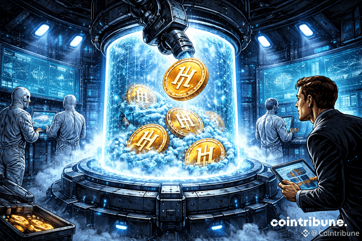 Des jetons Hyperliquid flottent et se figent peu à peu dans un réservoir cryogénique géant en verre ou métal, ce qui symbolise le verrouillage d’un milliard $ dans le fonds d’assistance.