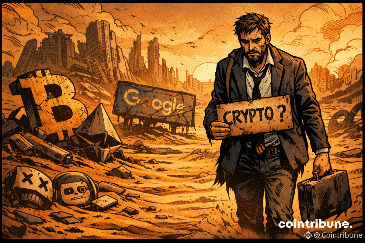 Homme épuisé erre dans un désert post-apocalyptique crypto, ruines de Bitcoin et Google, atmosphère orange, silence numérique total.