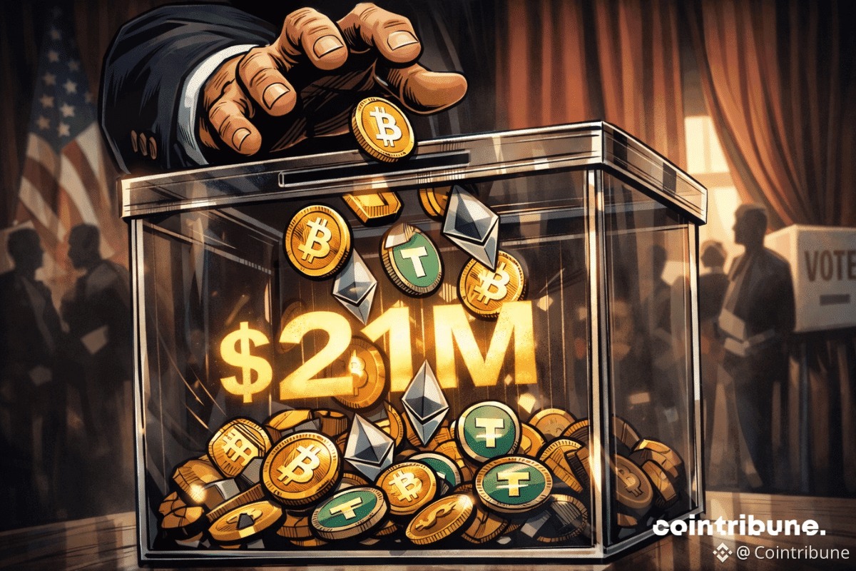 Main de Trump glissant des cryptomonnaies dans une urne électorale, reflet de 21M$, ambiance tendue, silhouettes politiques en arrière-plan.