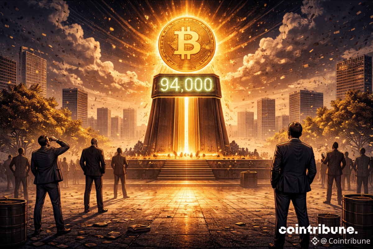 Des silhouettes de traders observent un podium Bitcoin élevé dans les airs, inaccessible.