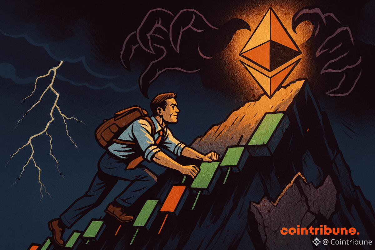 Un trader grimpe un graphique Ethereum en montagne, tandis qu'une griffe menaçante surgit d’un orage sombre en arrière-plan.