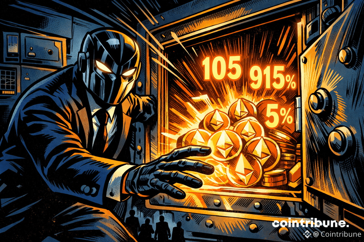 Une figure masquée ouvre un coffre rayonnant d’Ethereum, chiffres explosifs en lumière