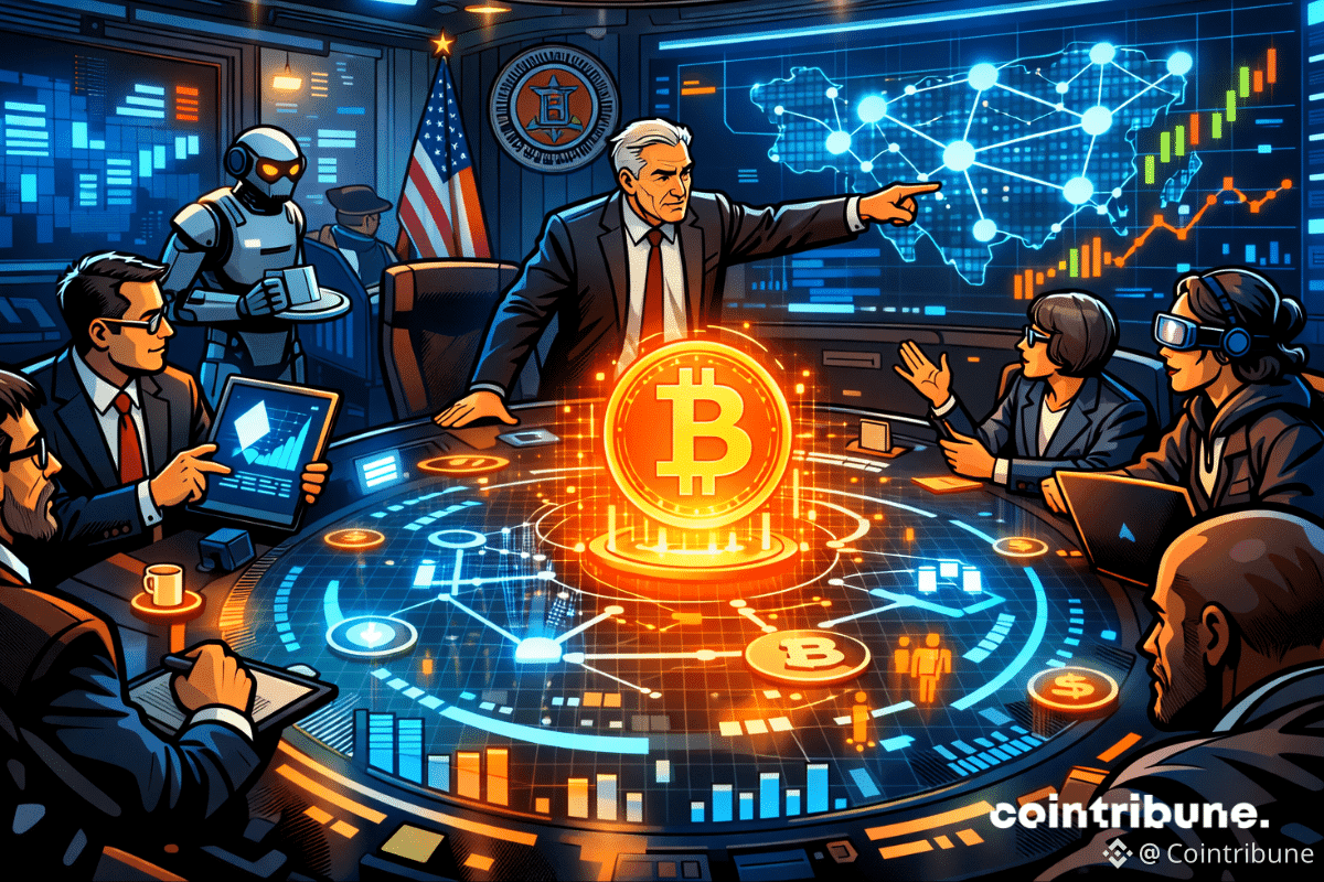 Des responsables de la CFTC dans une salle de crise high-tech discutant de cryptomonnaies avec un hologramme lumineux représentant un Bitcoin.