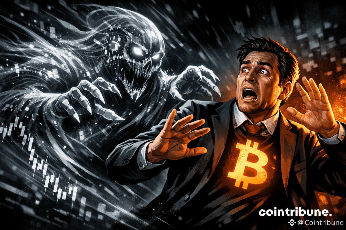 Bitcoin personnifié recule, terrorisé, face à un spectre quantique menaçant, style comics années 70, contrastes noirs, blancs, orange, dynamique dramatique.