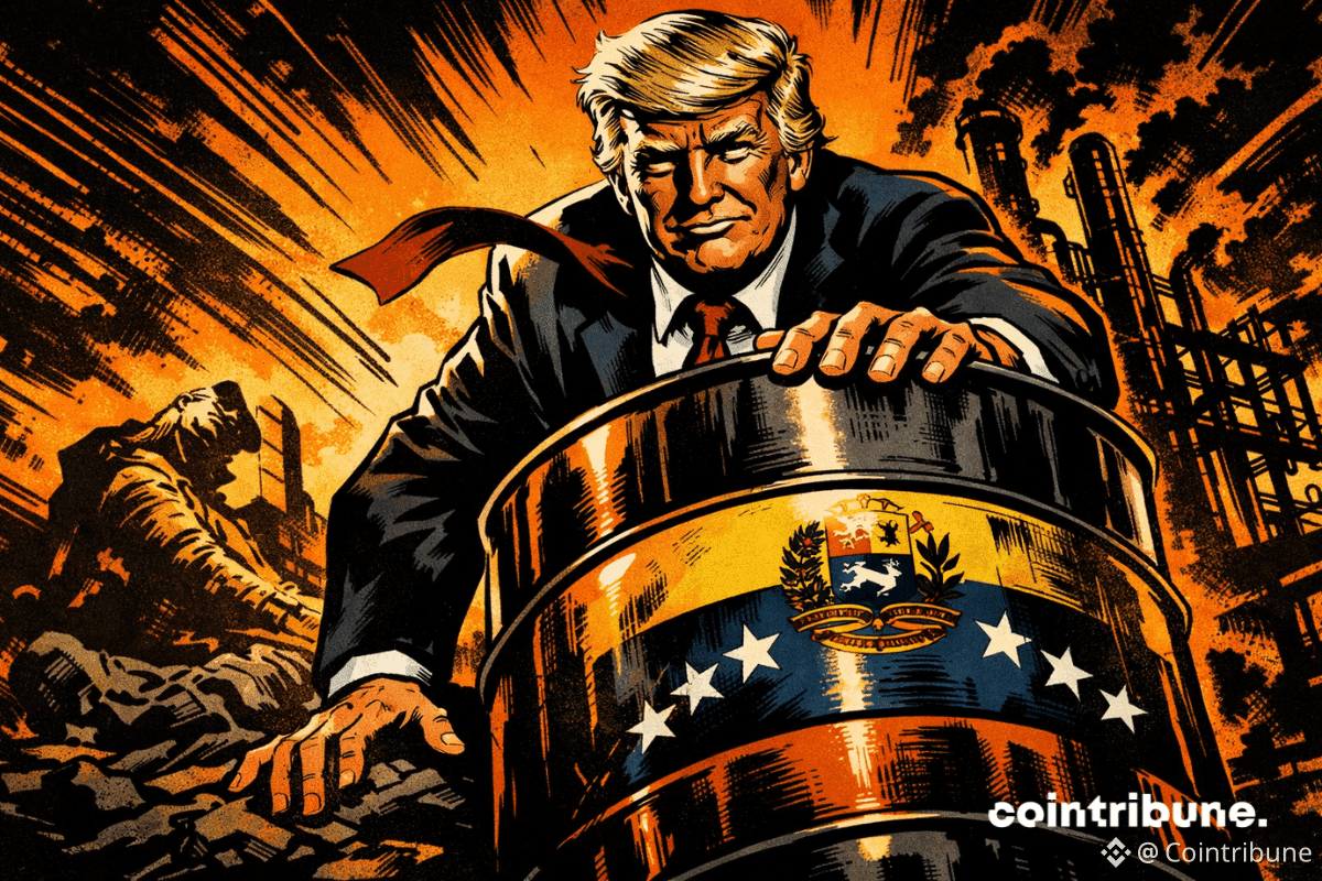 Une illustration de style bande dessinée des années 1970 représente Donald Trump dans une posture dramatique, pris en contre-plongée, agrippant un énorme baril de pétrole orné de symboles vénézuéliens à l'intérieur d'une raffinerie sombre baignée d'une lumière orange.