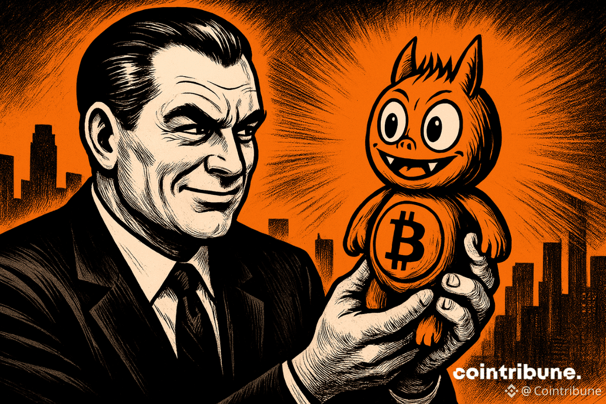 Illustration comics années 70 montrant un cadre Vanguard tenant un Bitcoin jouet, symbole du clash entre finance traditionnelle et crypto.