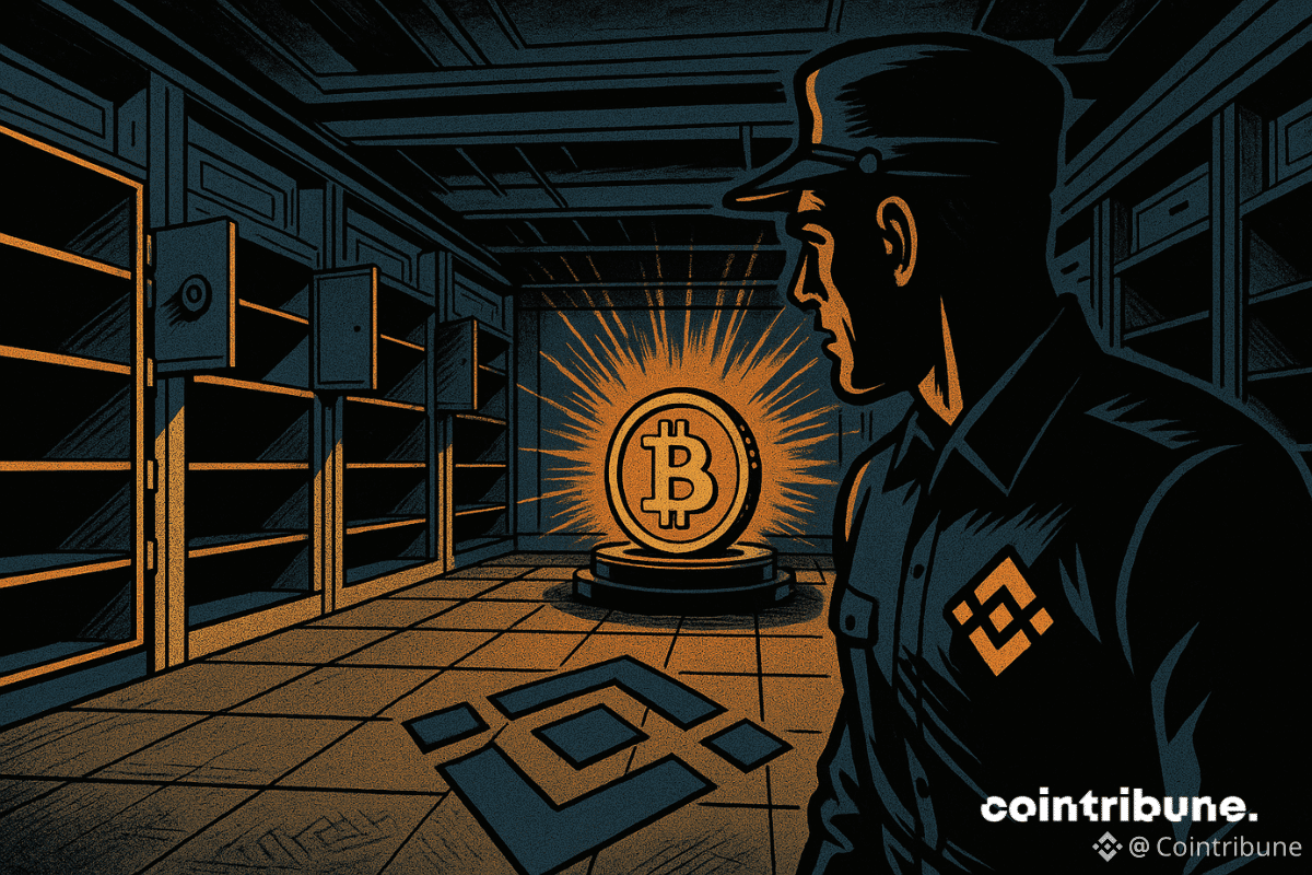 Une seule pièce Bitcoin orange est posée au centre d’un socle. Un agent de sécurité Binance regarde autour, inquiet.