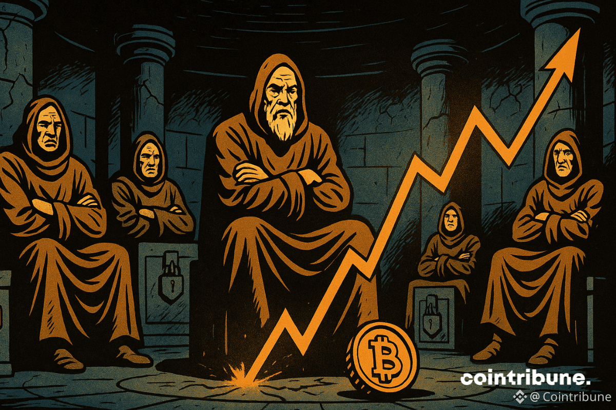 Des détenteurs historiques de Bitcoin sont assis sur des trônes en forme de cold wallets fermés.