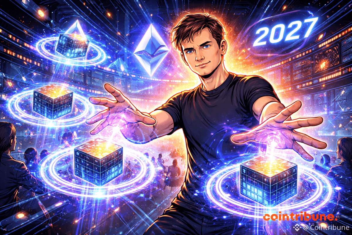 Vitalik debout dans un espace futuriste numérique, les mains projetant un réseau ZK transparent qui valide des blocs en lévitation.