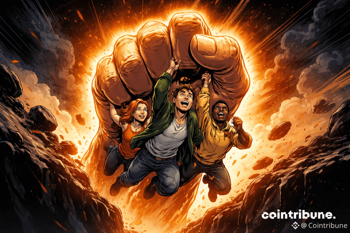 Une main géante orange lumineuse surgit d'un abîme sombre pour attraper et sauver trois personnages choqués mais pleins d'espoir, dessinés dans un style dynamique inspiré des bandes dessinées des années 1970.