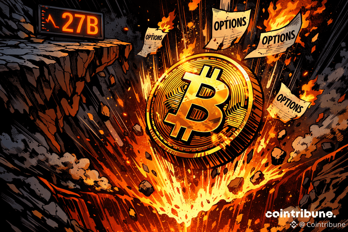 Un Bitcoin géant chute dans un gouffre enflammé, entouré de papiers "options" brûlants, symbolisant le chaos financier.