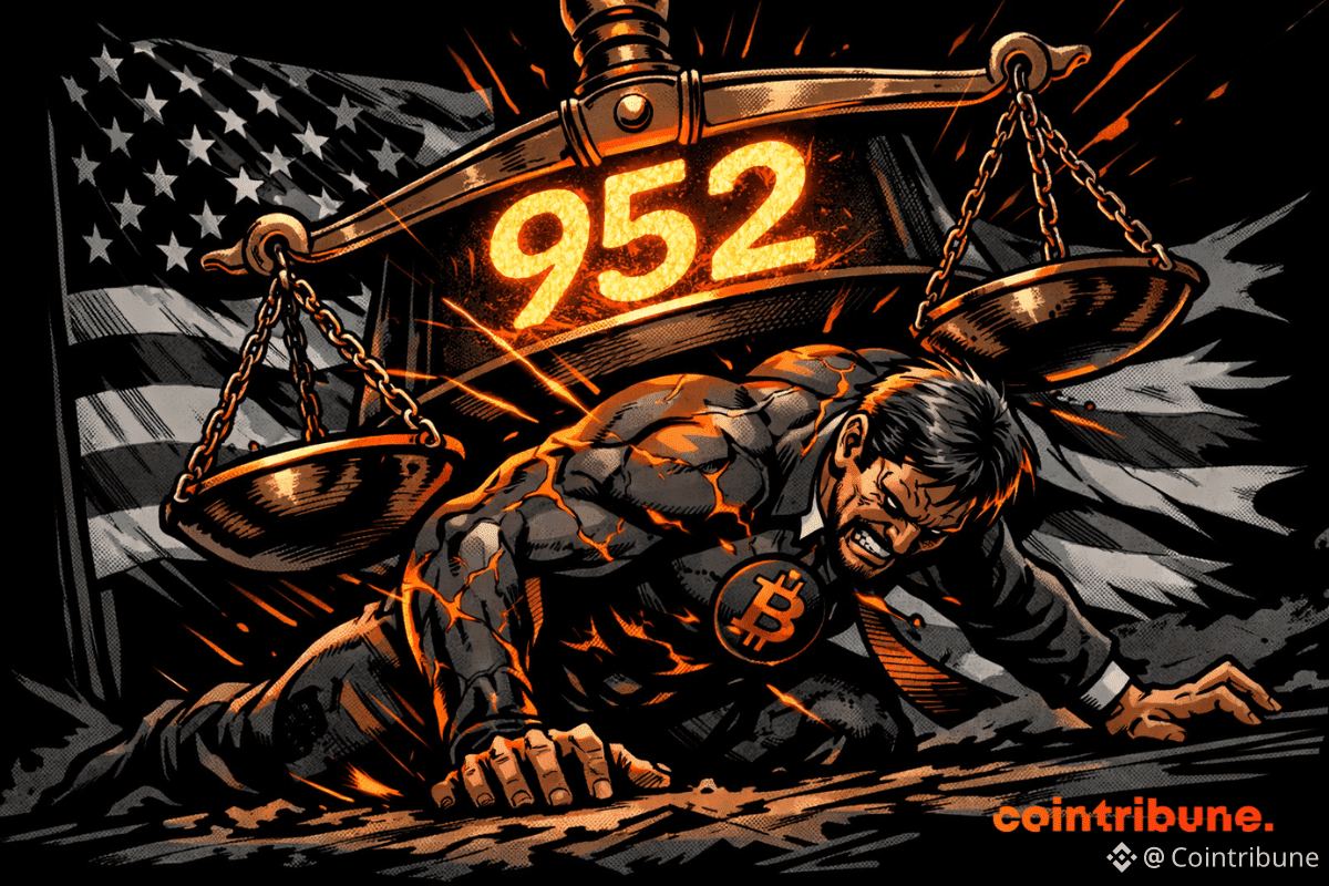 Une silhouette craquelée et musclée, symbolisant le marché des cryptomonnaies, est agenouillée sous une balance réglementaire massive marquée « 952 », sur fond de drapeau américain sombre et déchiré, dans un style bande dessinée noir et orange audacieux.