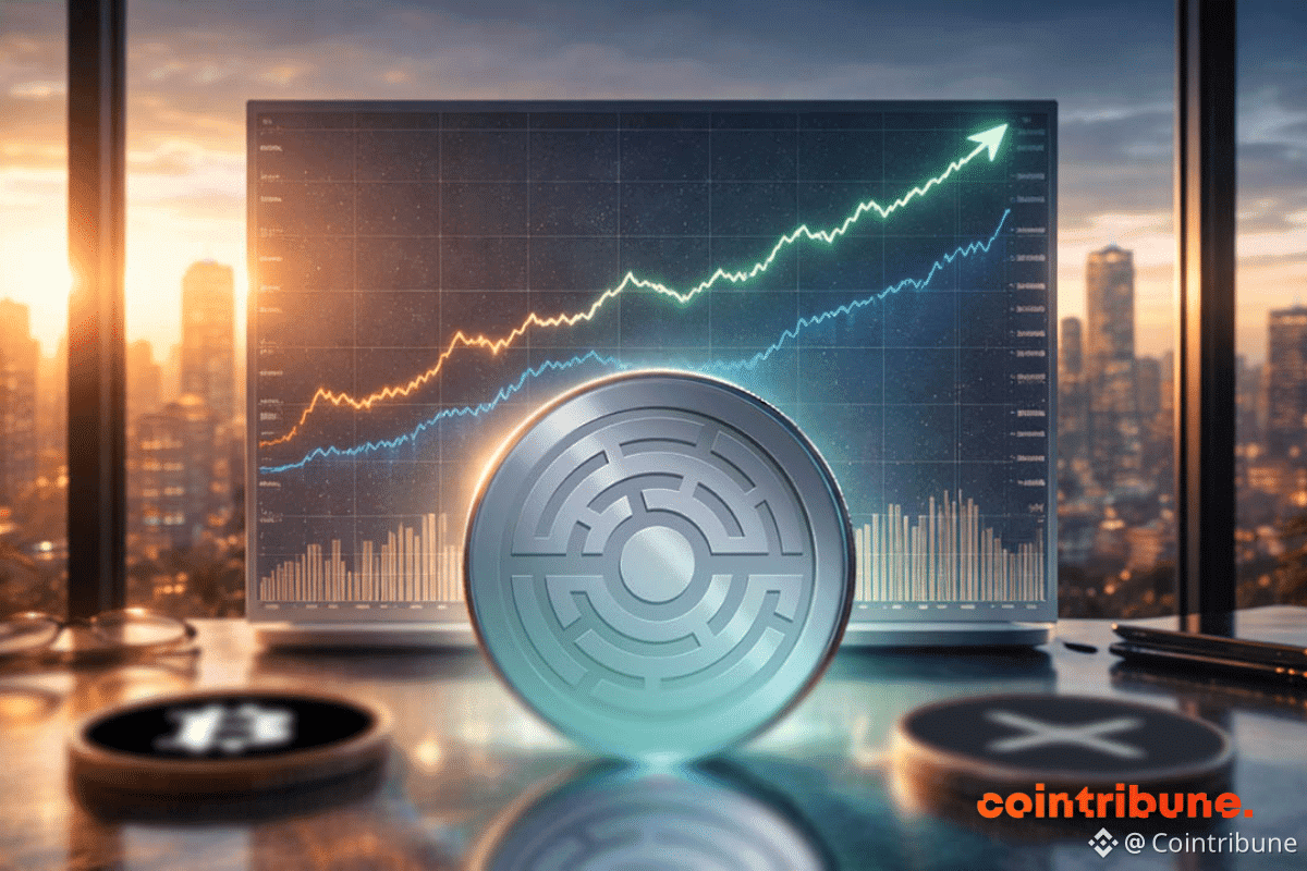 Une pièce de cryptomonnaie lumineuse trône sur un bureau, devant un grand écran affichant des graphiques boursiers en hausse, tandis qu'une silhouette de ville est visible par une fenêtre au coucher du soleil.