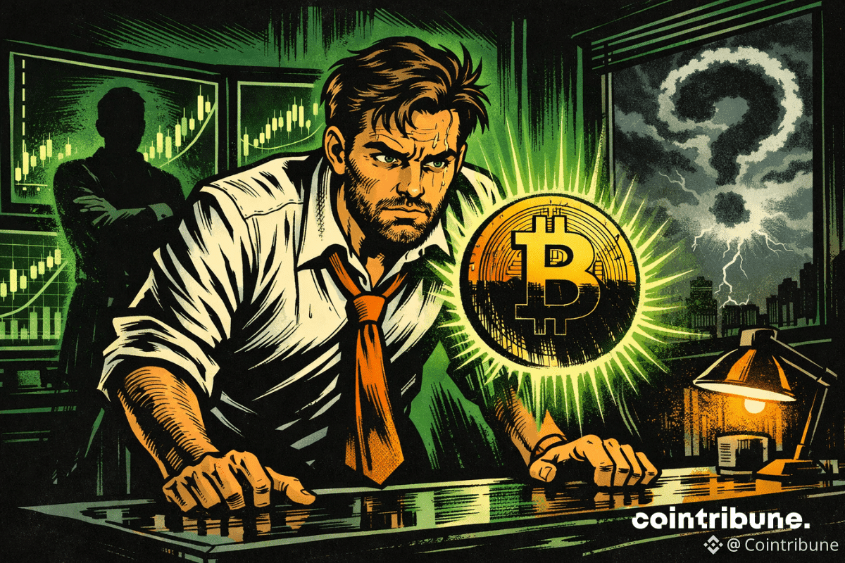 Un trader stressé observant un symbole Bitcoin