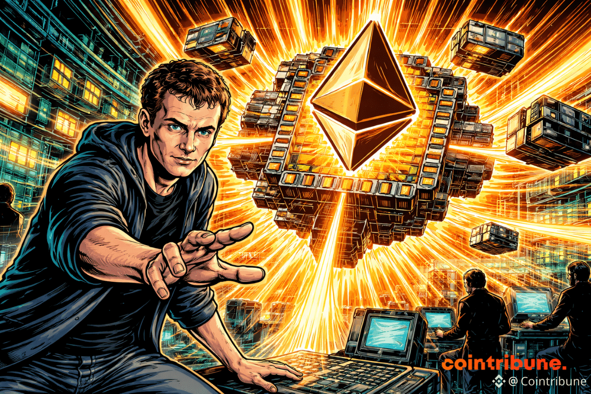Vitalik devant un noyau Ethereum gigantesque qui flotte