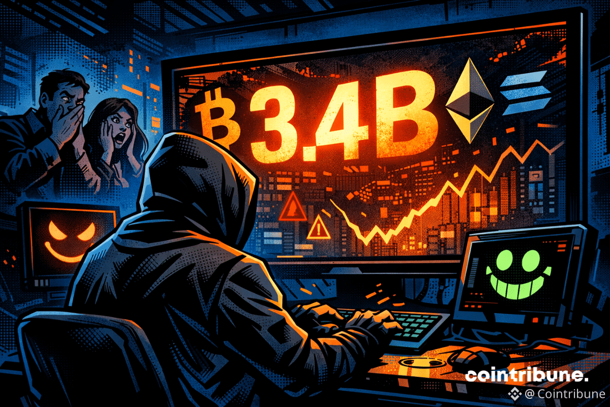 Un hacker encapuchonné pirate dans l’ombre, face à un écran affichant 3.4B$, sous les regards choqués de témoins.