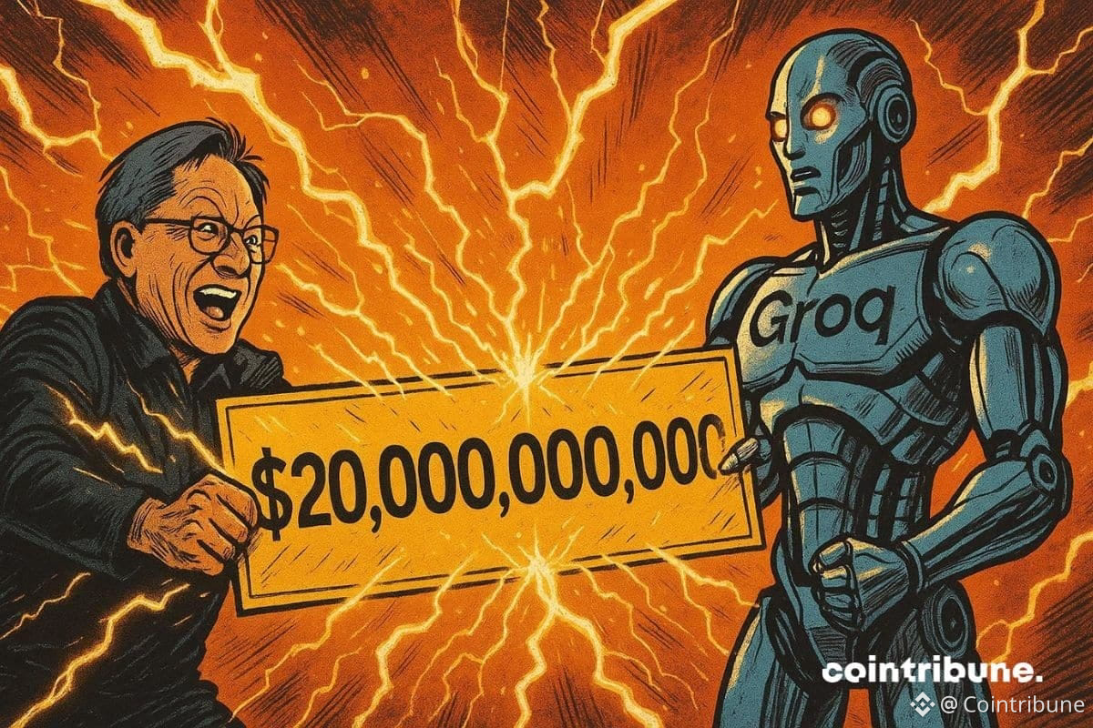 Un responsable de Nvidia qui donne un chèque avec 20 millards de dollars écrit dessus, à un robot d’IA de Groq.