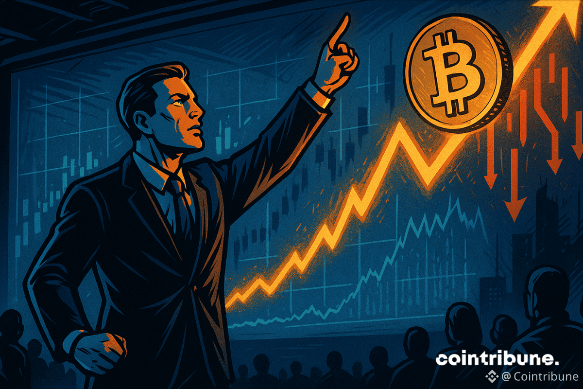 Un homme d'affaires désigne du doigt le graphique ascendant du Bitcoin, sous le regard comique du public.