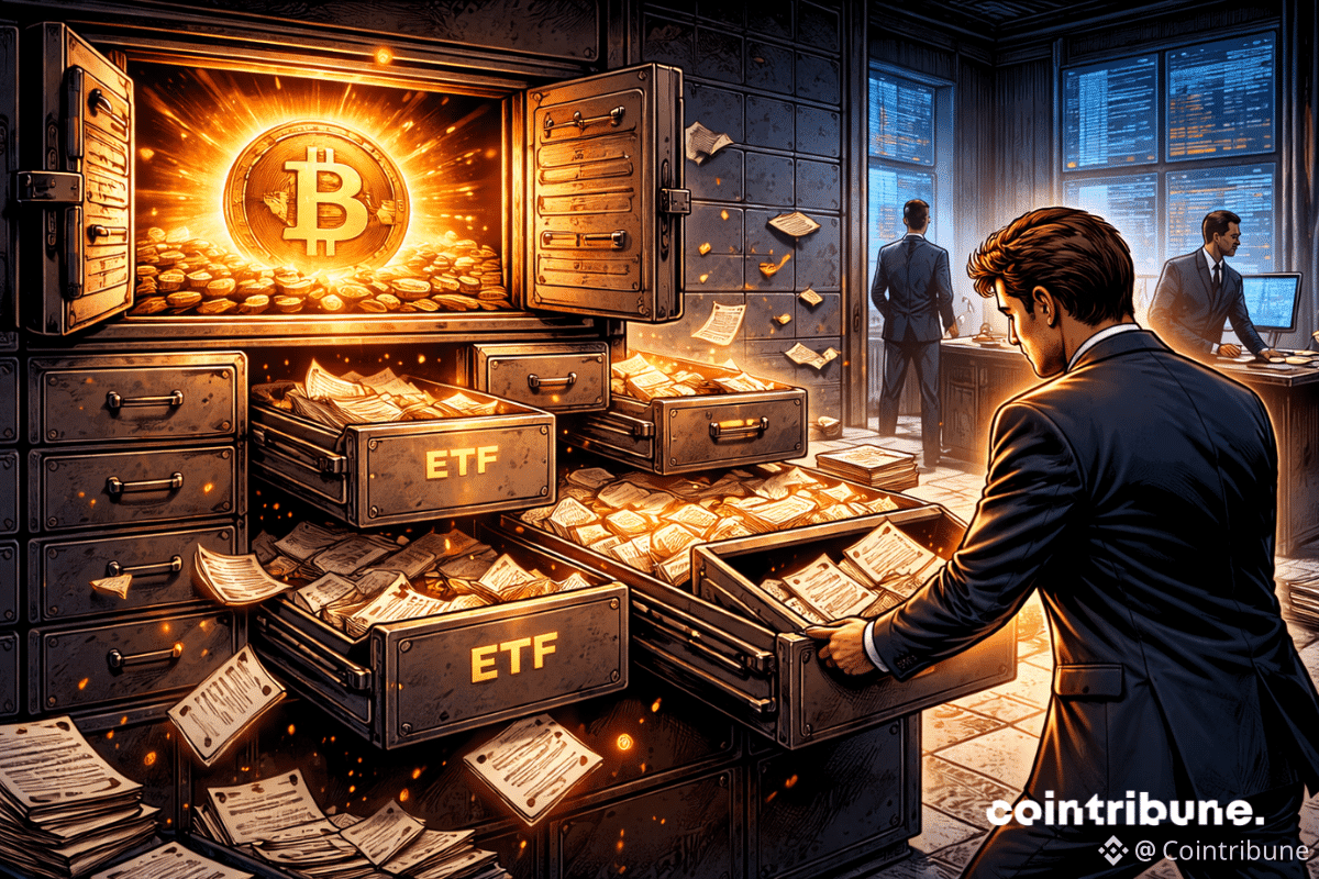 Dans un coffre institutionnel, un Bitcoin est verrouillé en haut, les tiroirs ETF sont ouverts et se vident, le gestionnaire retirant calmement des dossiers.