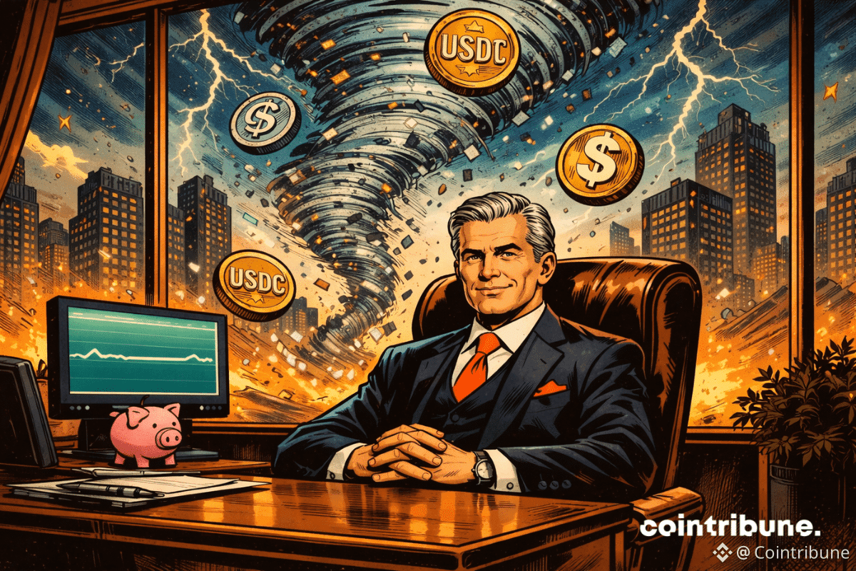 un banquier calme dans son bureau pendant qu’une tornade numérique emporte des pièces de stablecoins