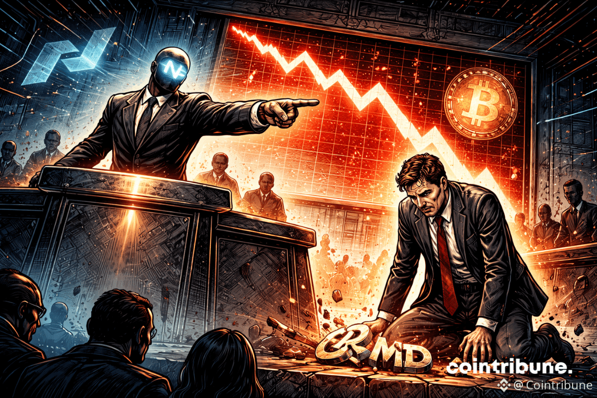 Dans une salle de tribunal futuriste, au style high-tech, sombre, et fortement éclairée par des sources lumineuses artificielles, un personnage imposant représentant le Nasdaq, debout sur une estrade, accuse une autre personne affaiblie représentant Kindly MD.