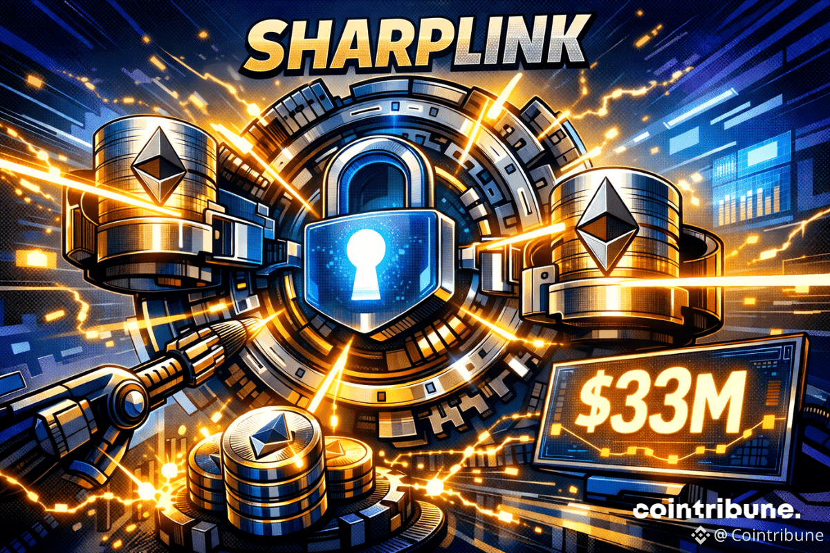 Une illustration dynamique montrant un mécanisme de verrouillage futuriste entouré de jetons Ethereum et d’un montant de $33M.