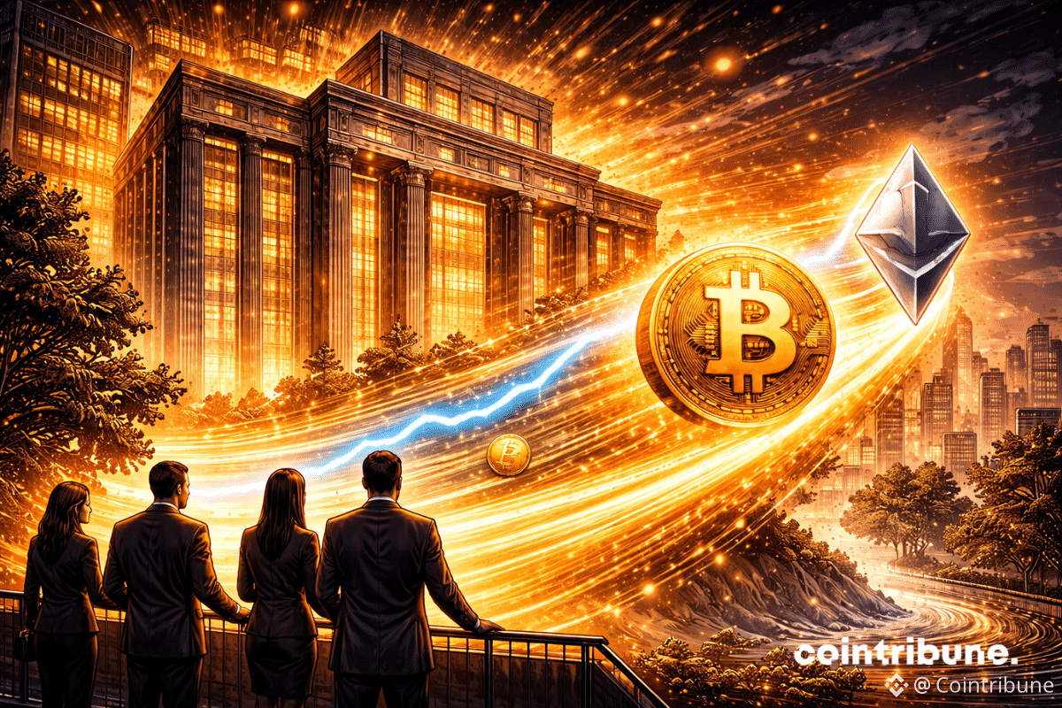 Un immense bâtiment institutionnel (type Morgan Stanley) agit comme un moteur. Depuis sa façade, une vague d’énergie crypto se propage vers l’avant, illuminant des symboles Bitcoin et Ethereum.