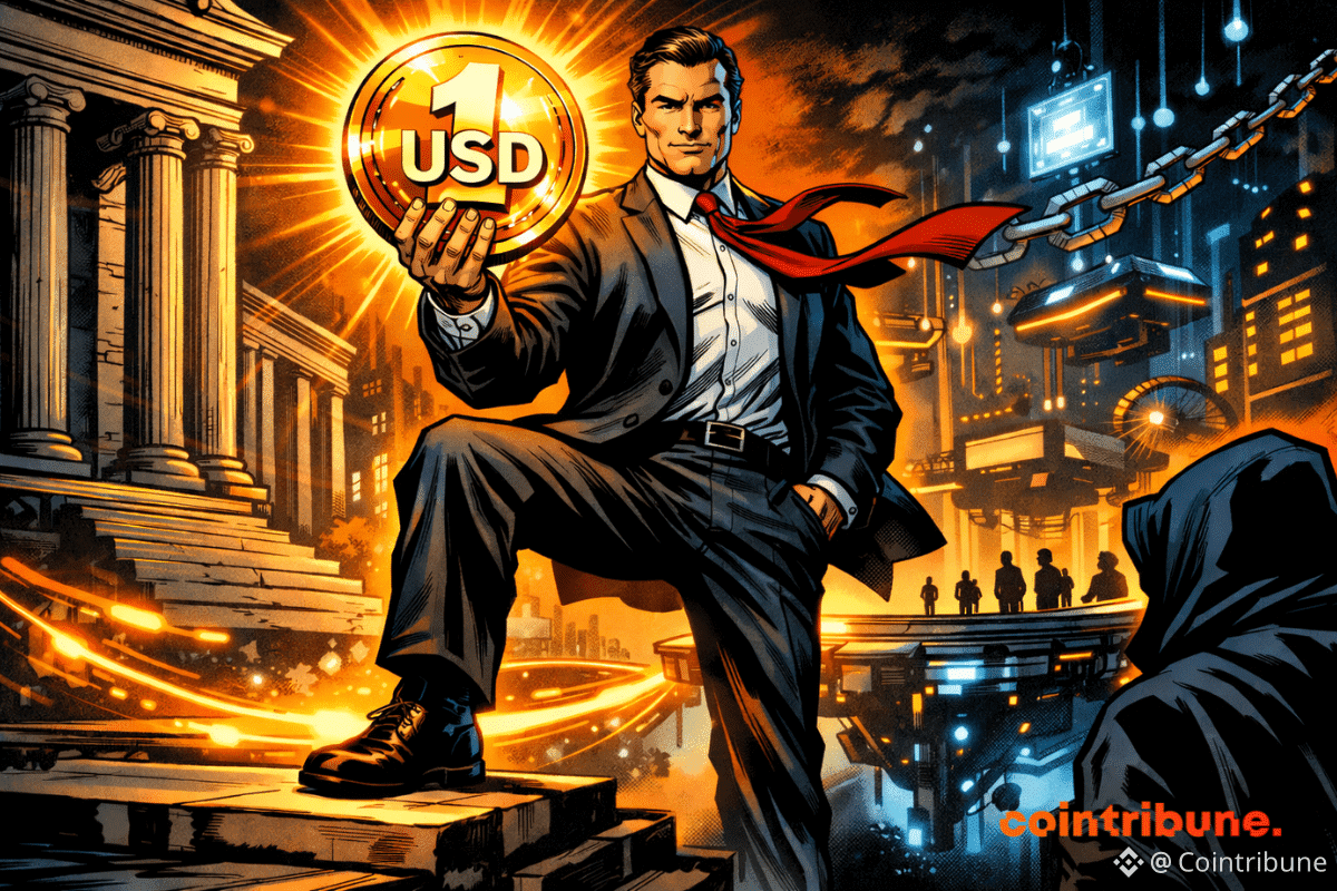 Un banquier confiant tient une pièce USD1 lumineuse, reliant finance traditionnelle et univers crypto futuriste dans une scène puissante.