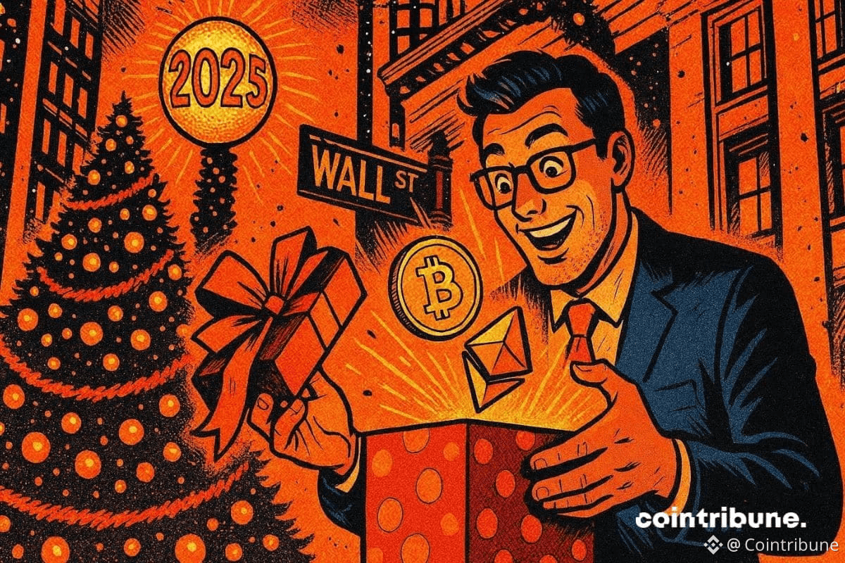 Un investisseur crypto qui déballe des cadeaux bitcoin et ethereum à Wall Street, après la hausse des contrats à terme américain.