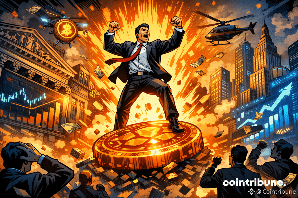 Triumphant businessman stands on a glowing BUIDL token with an exploding city backdrop and charts.