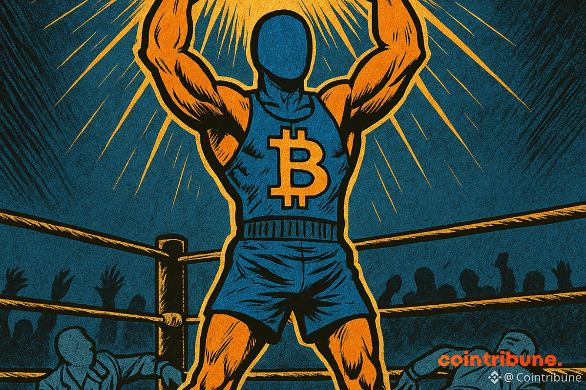 Personnage Bitcoin triomphant sur un ring, pièce orange levée, adversaires au sol, ambiance dramatique et héroïque.