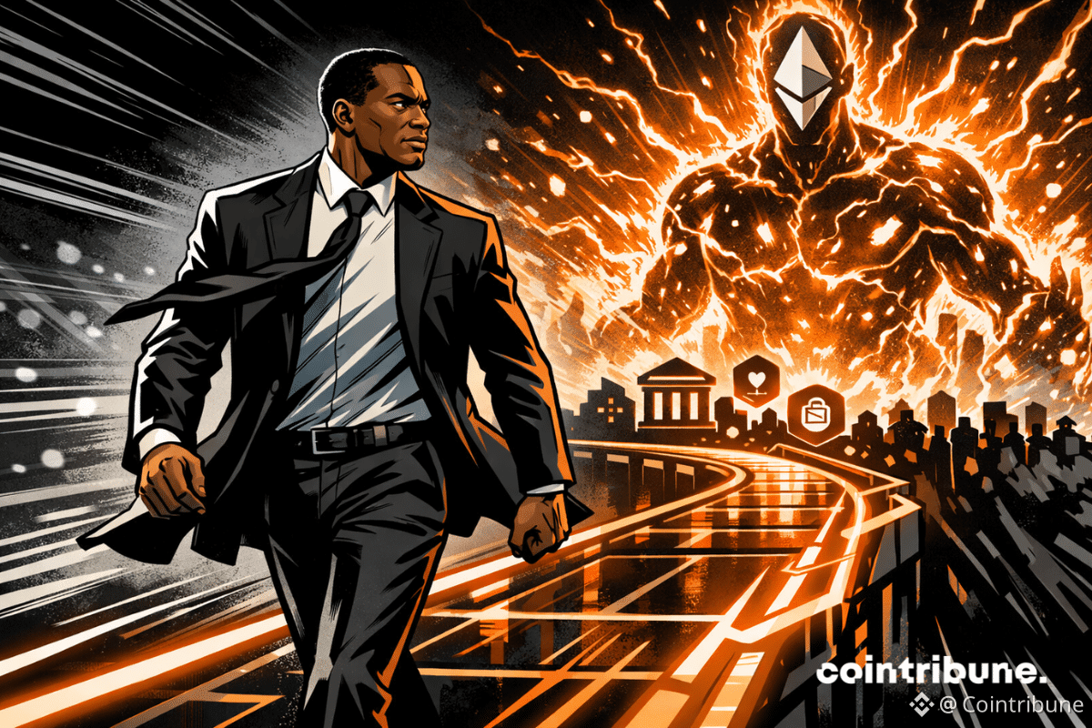 Arthur Hayes, vêtu d'un costume sombre, traverse d'un pas décidé un pont éclairé d'orange en direction d'un paysage urbain DeFi, avec une silhouette Ethereum lumineuse et turbulente qui se dresse derrière lui.