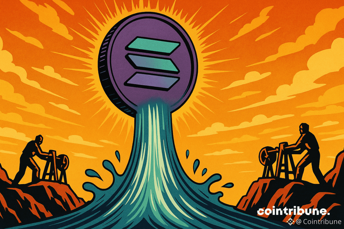 Une chute d’eau numérique monte à l’envers vers un symbole de la crypto Solana suspendu dans les airs.