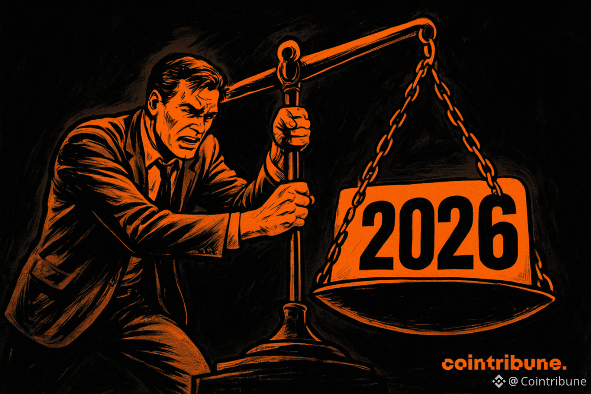 Un entrepreneur crypto en costume lutte physiquement contre une balance géante déséquilibrée, dont le côté le plus lourd, marqué 2026, symbolise la pression croissante des marchés publics.