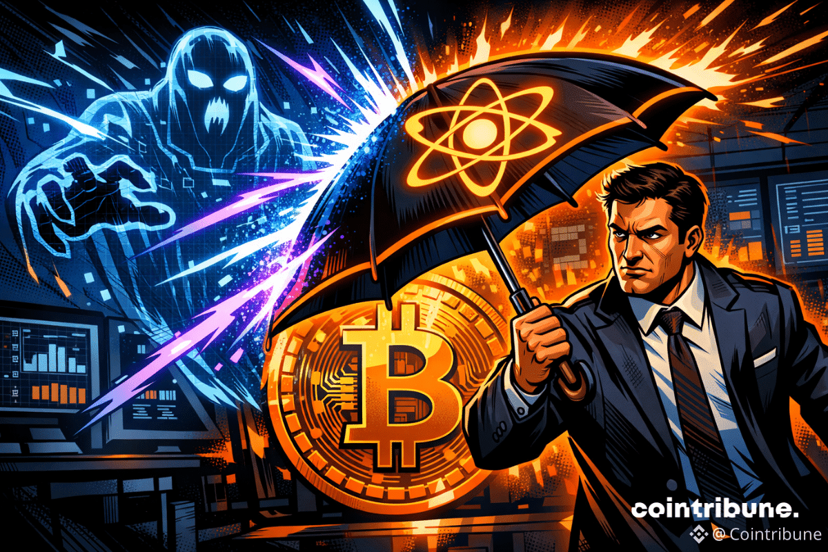 Un homme en costume bloque une attaque énergétique avec un parapluie atomique, protégeant un Bitcoin brillant d’un spectre numérique.